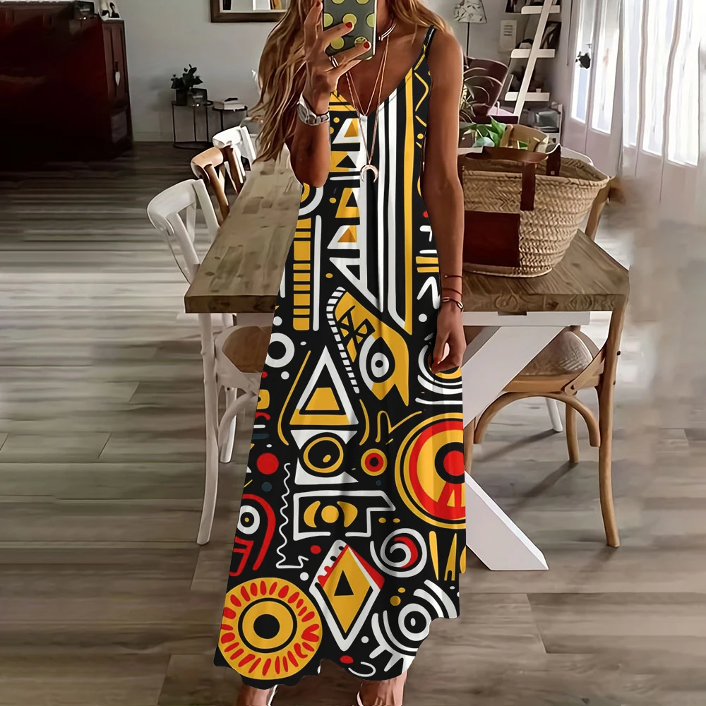 2024 Vintage Tribal Totem Print Camisole Maxi Dresses Summer Women's Sexy Spaghetti Strap Beach Dress Vacation Loose Sundress