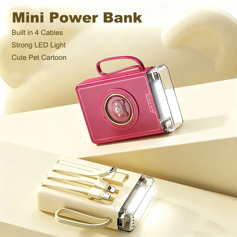 

Mini Power Bank 20000mAh with 4 Cables LED Light Portable Charger Powerbank for iPhone 16 Samsung Huawei Xiaomi External Battery