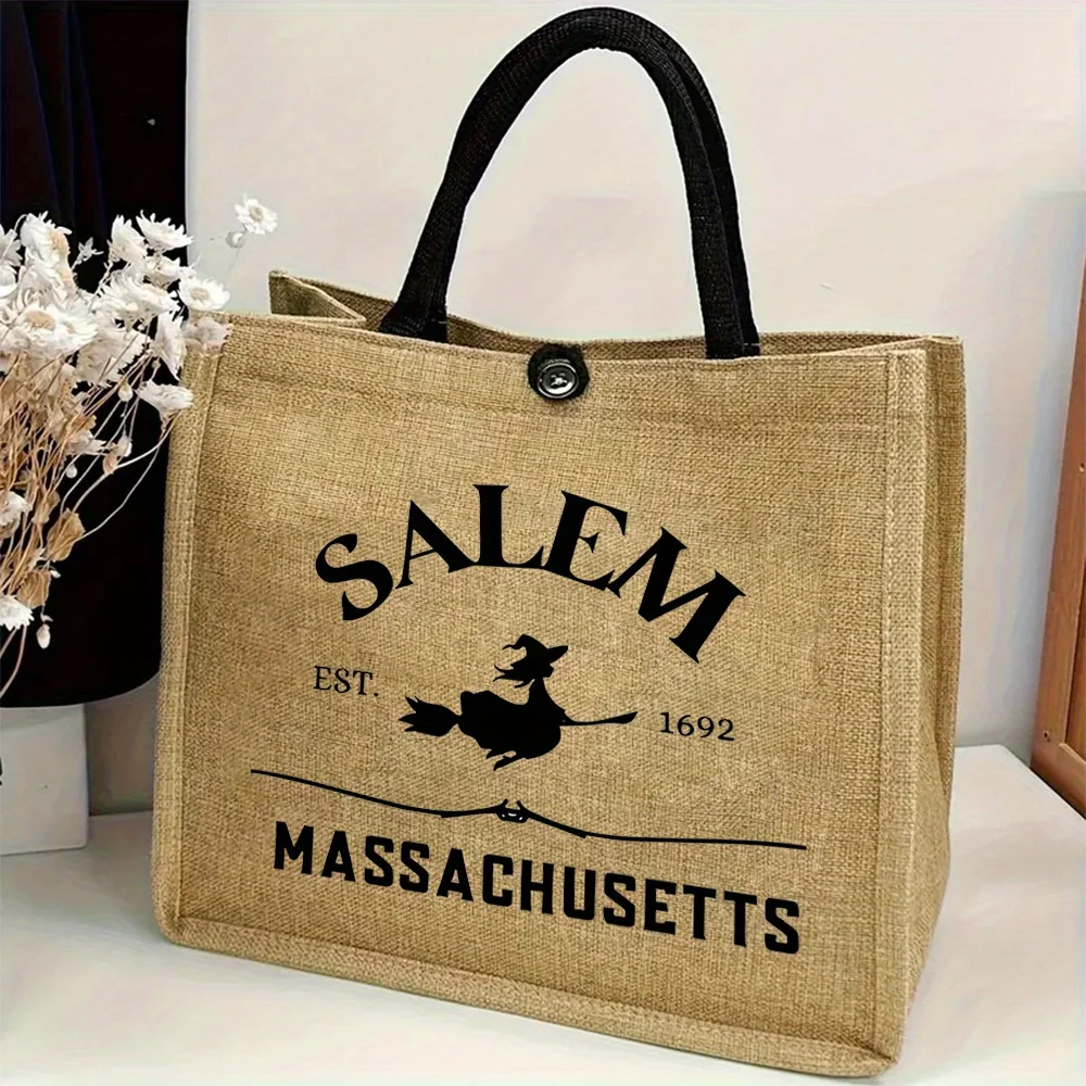 

Linen Tote Bag, Halloween Tote Bag, Trick or Treat Bag, Ideal Shopping Tote, Fashionable Handbag, With Buckle Closure for Women