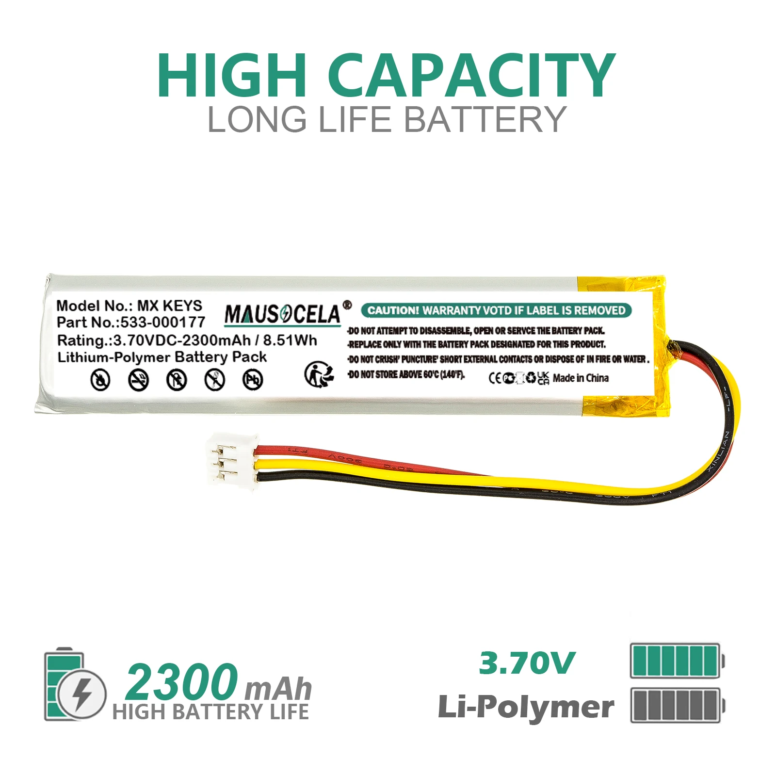

Keyboard Battery For Logitech:MX KEYS,YR0073,K800,533-000177,802085P , 2300mAh / 8.51Wh , Li-Polymer , 3.70V