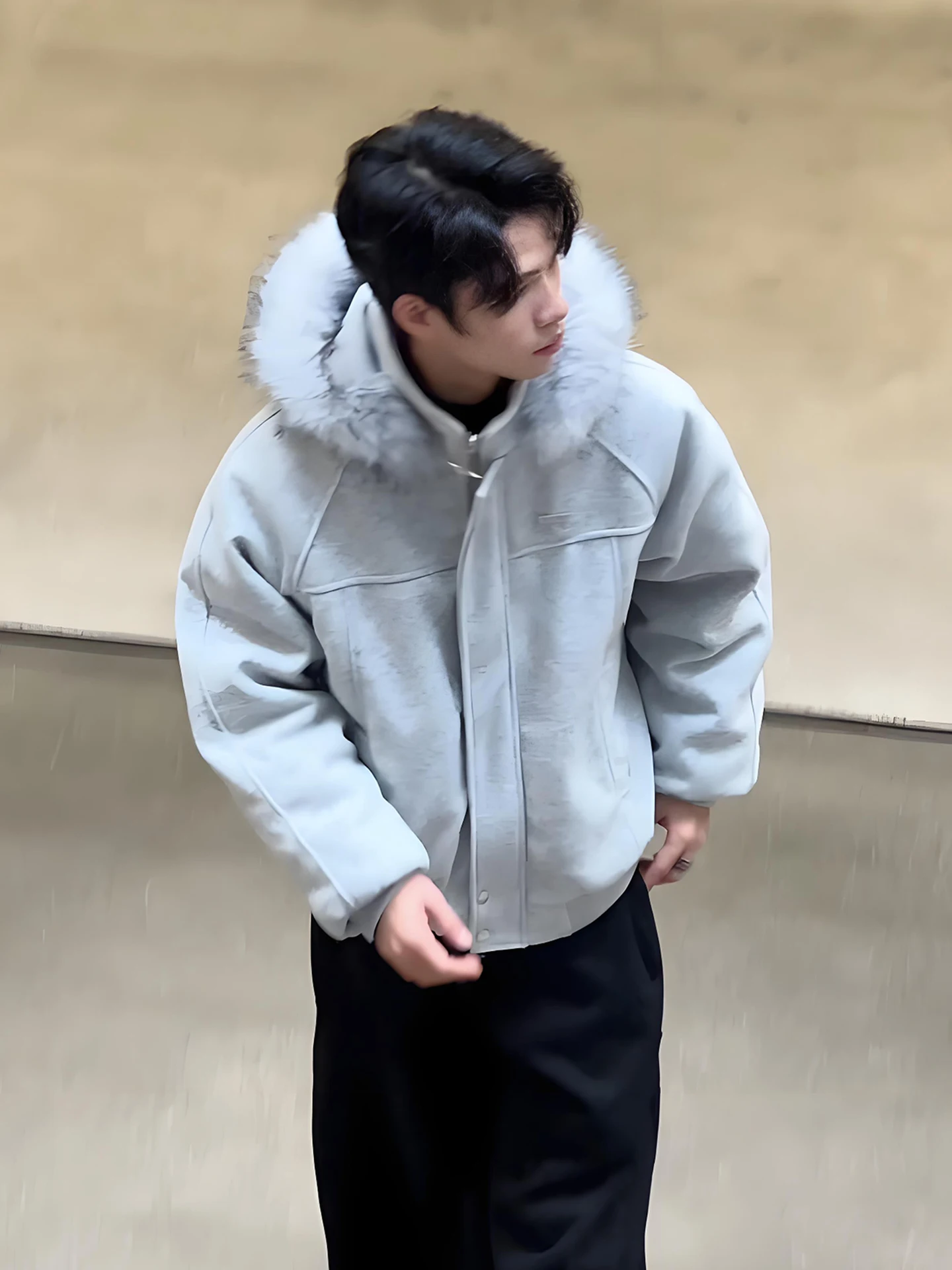 

ey American Thiened Cotton Jaet Men's Winter Hooded Tweed ort Coat Lazy Sle Splicing Polyester Fiber Warmth Youth C...