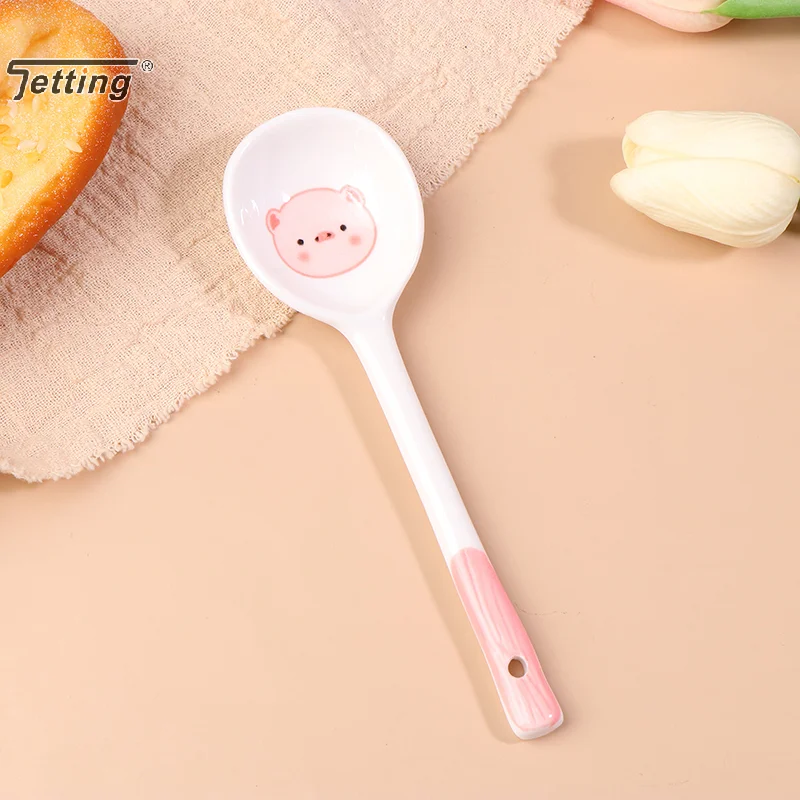 Kawaii خنزير السيراميك ملعقة شوربة لطيف الآيس كريم ملاعق رسمت باليد القهوة الحلوى مقبض طويل ملعقة اكسسوارات المطبخ