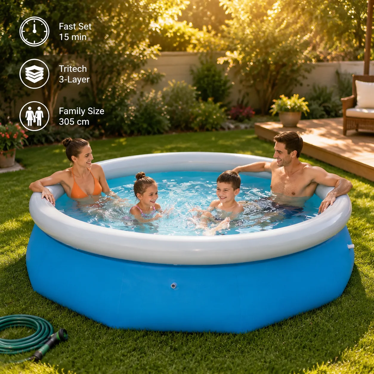 Aufblasbarer runder Swimmingpool 305x76 cm, schnell aufstellbarer Familienpool für Garten, Hinterhof, Sommerspaß, aus strapazierfähigem Tritech-Material