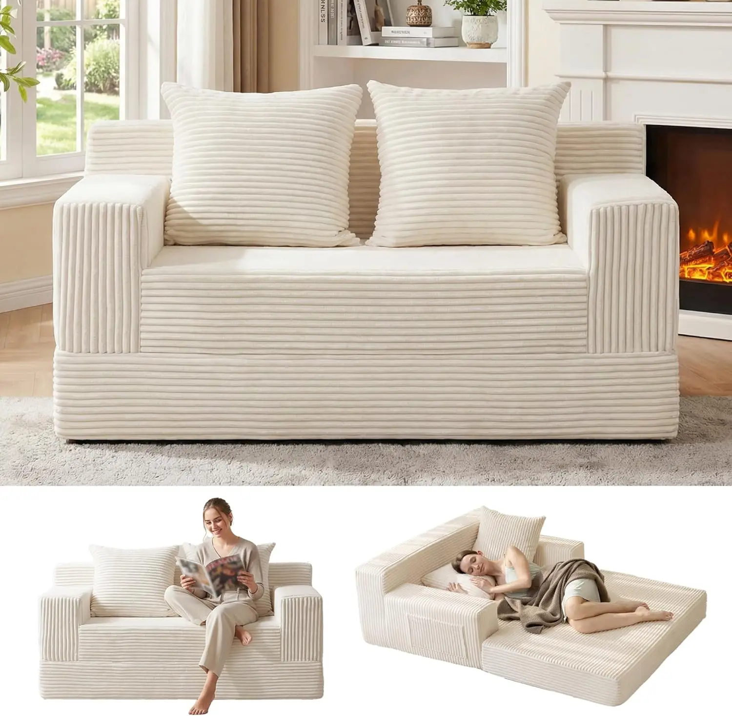 

Convertible Sofa Bed, Loveseat Folding Floor Futon Sleeper Sofa Couch Bed- Boneless Foldable Couch, Corduroy Pull Out So