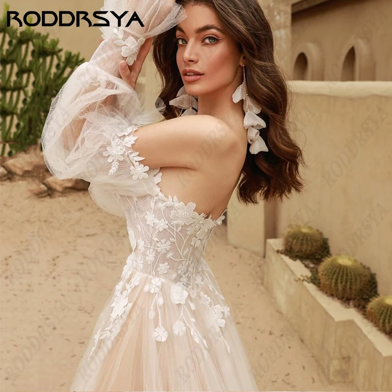 RODDRSYA Boho Strapless Vestido De Noiva Para Mulheres Tule Puffy Mangas V-Neck A Linha Vestido De Noiva Apliques Princesa Robe De Mariée Boho Strapless Vestido De Noiva Para Mulheres Tule Puffy Mangas V-Neck A Linha V