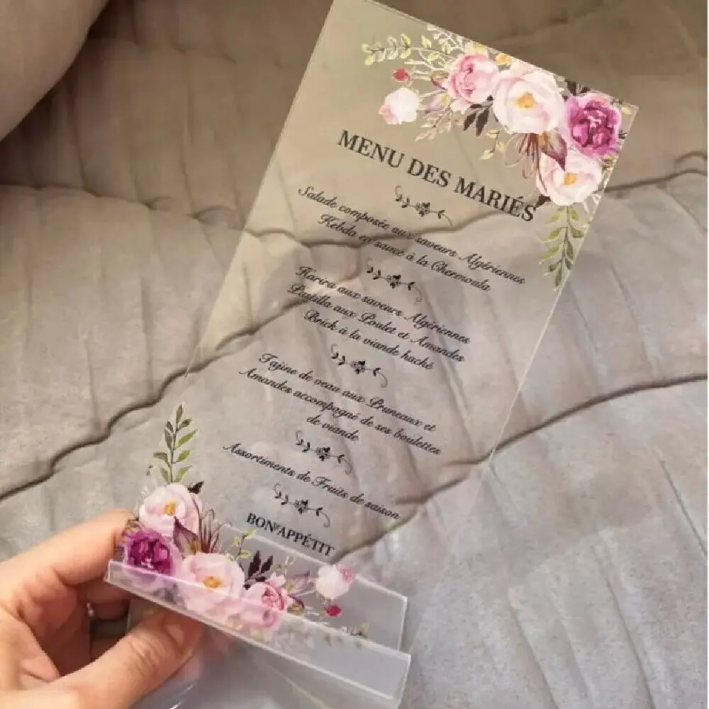 Transparent Acrylic Hebrew Blessing Invitation Menu With Base , Jewish Prayer, Clear Flexible PVC Cards,Custom, 10Pcs