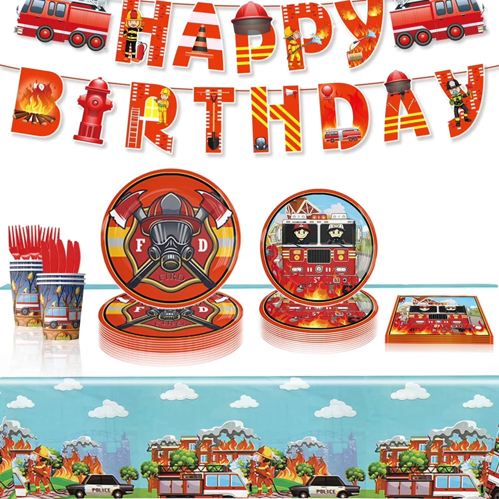 Fireman Party Tableware Plates Cups Napkin Fire Engine Balloon Kids Boys Firefighter Themed Birthday Party Decor Supplies