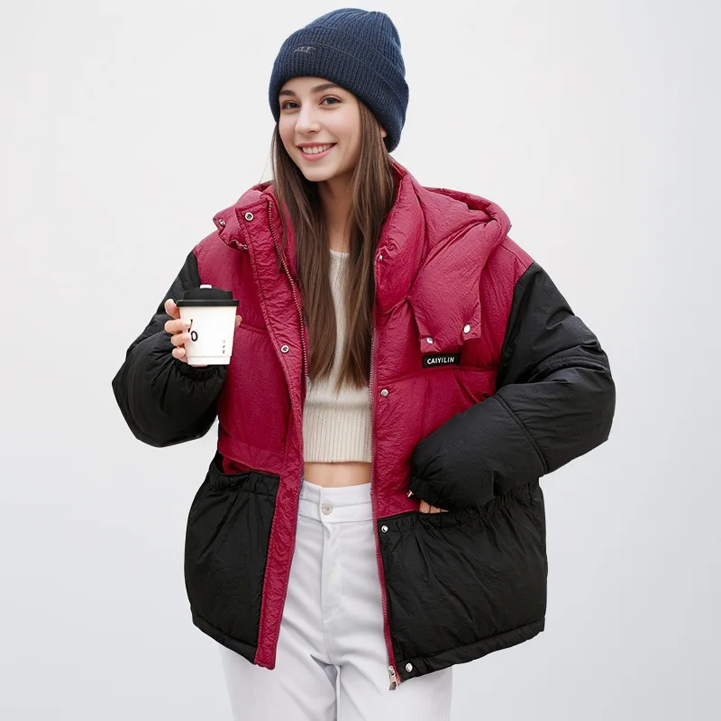 2024 Winter Women's Down Cotton Jacket Female Hooded Thicken Warm Parkas Pockets Coats Female Contrast Casual Padded Jacket