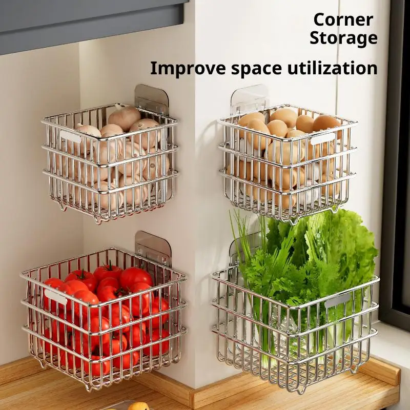 

Onion Ginger Garlic Kitchen Shelf Wall Hanging Condiments Spice Vegetable Fruit Storage Rack Wall Drain Basket Punch-Free