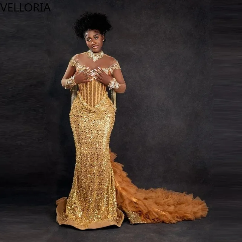 

Luxury Mermaid Prom Dress Beaded Ruffled Edges Layered Train Women's Formal Evening Dress Shiny African Party Gown Customized