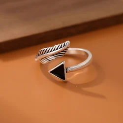New Classic Retro Leaf 925 Sterling Silver Jewelry Triangle Feather Natural Arrow Feather Opening Rings R157