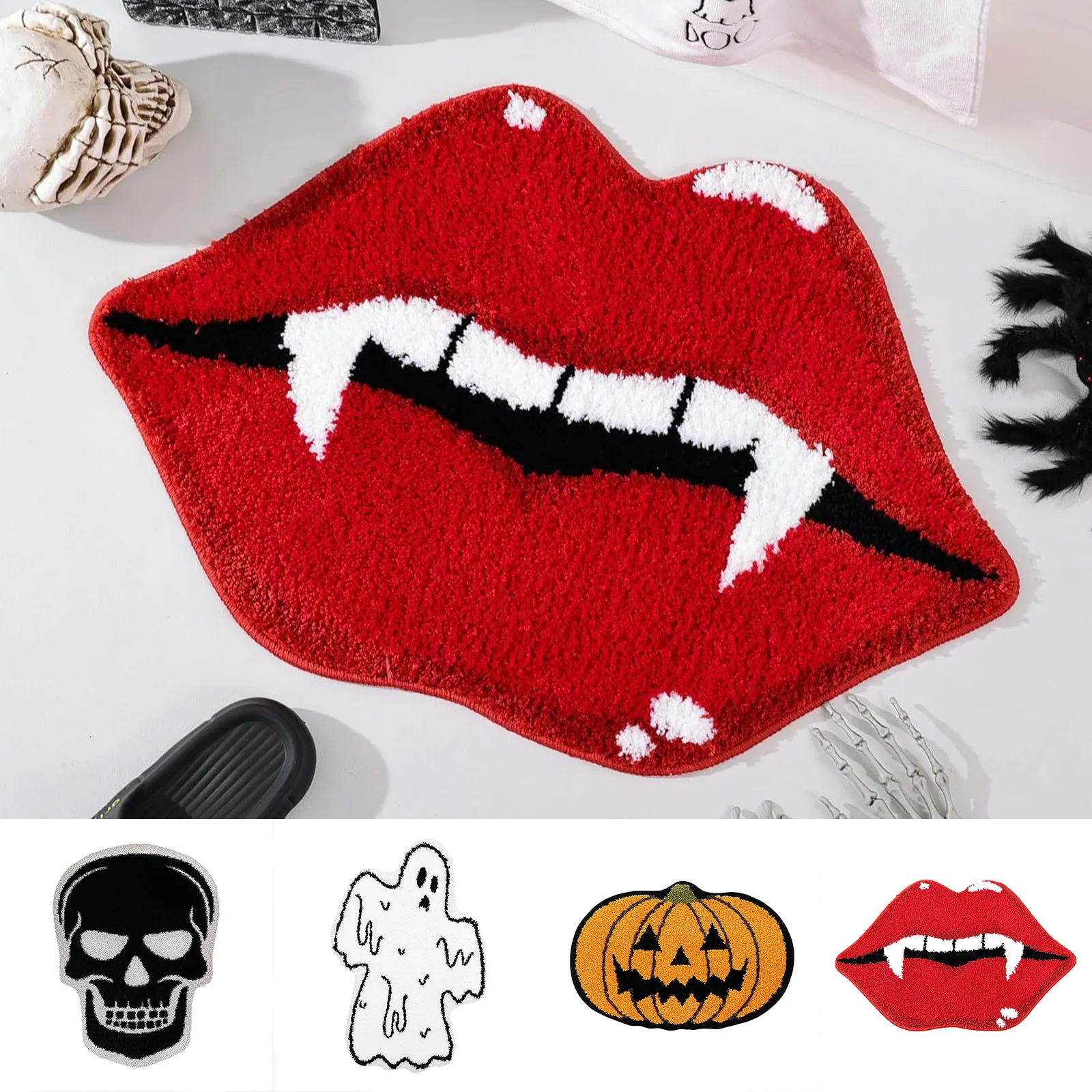 Halloween Imitation Cashmere Floor Mat Door Mat Floor Mat Anti-Slip Absorbent Bathtub Pumpkin Evil Red Lips Halloween Floor Mat