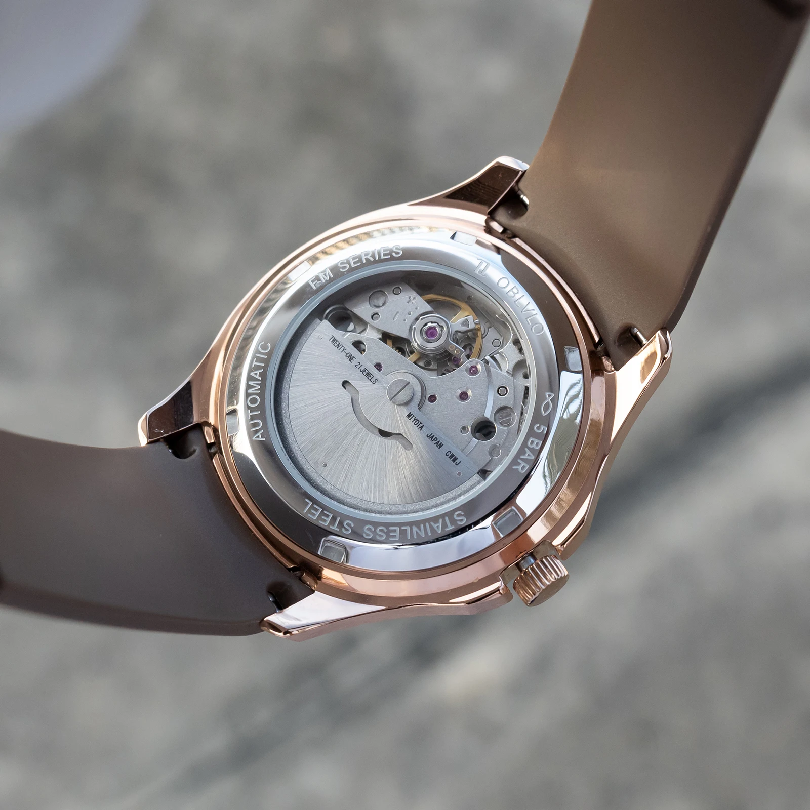 OBLVLO Fashion Mechanical Automatic Watch Brown Dial with Date Luminous Brown Rubber Band Casual Designer FM-SL