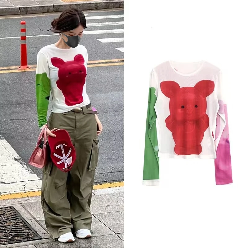 

EXJE Long Sleeve T-Shirt Women's Summer Sun Protection Cartoon Pig Print Mesh Top round Neck Regular Fit Commute Style