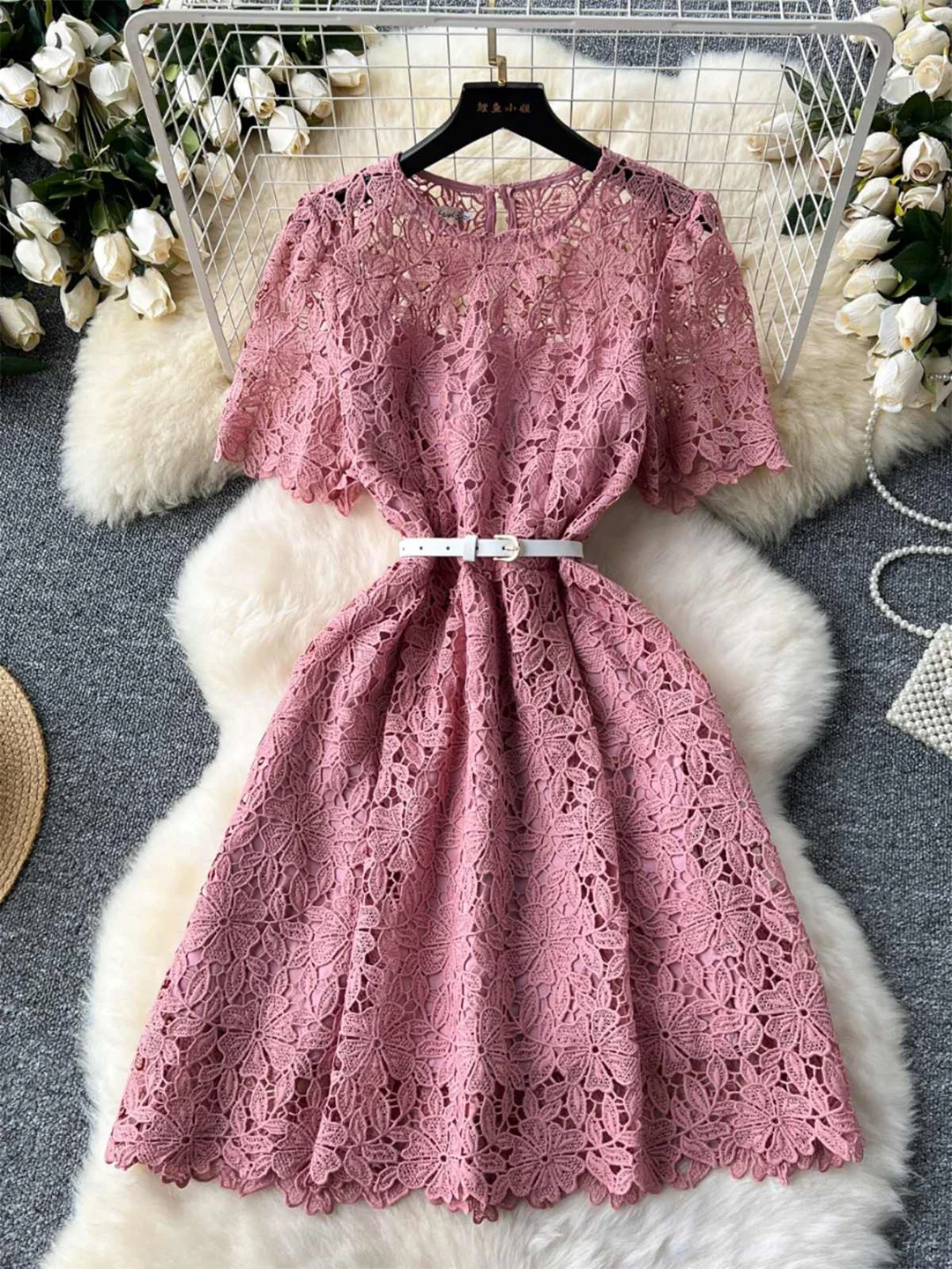 

Croysier Round Neck Short Sleeve Dress With Belt Fashion Crochet Lace Elegant Casual Mini Dresses For Women Summer Clothes 2025