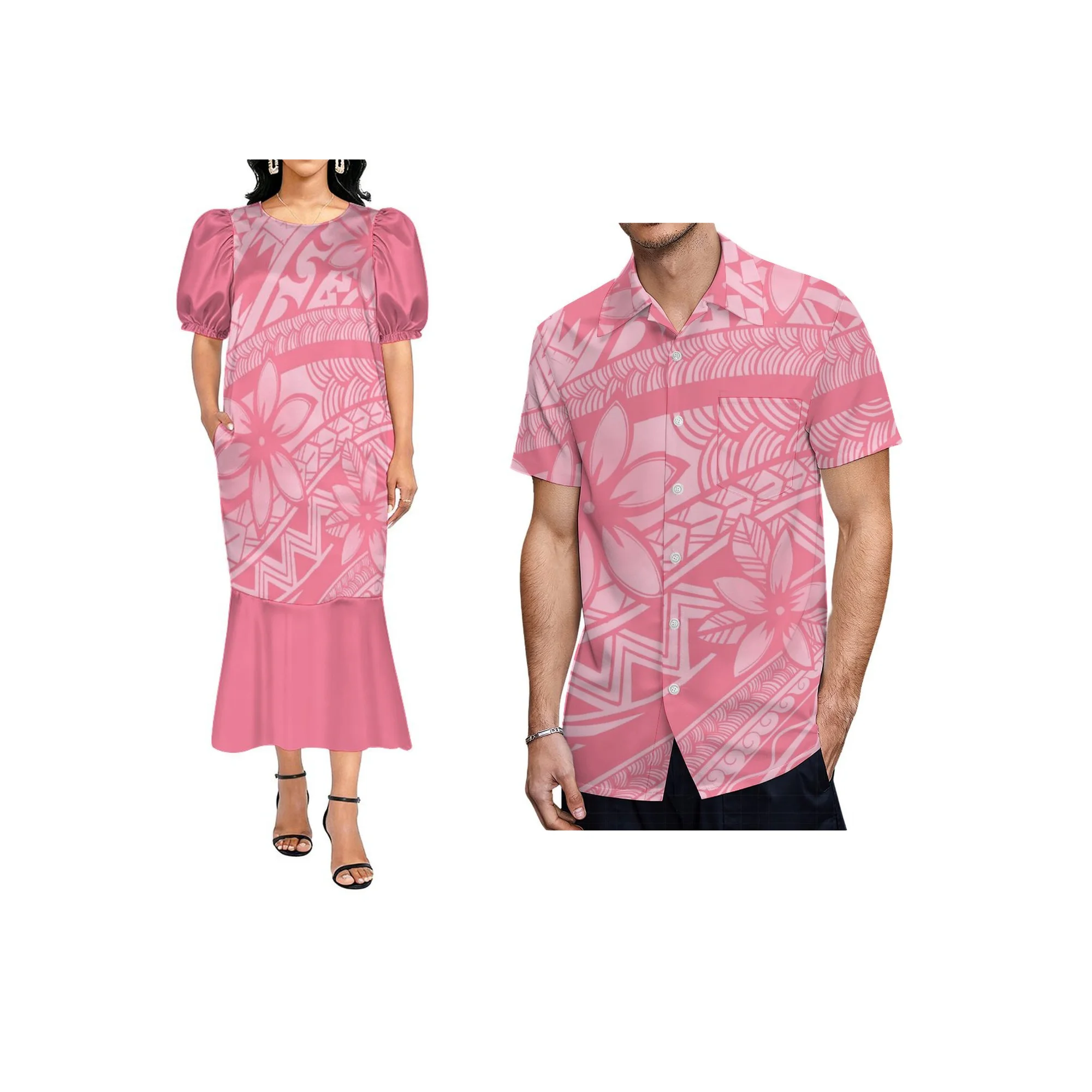 Vestido Mumu com Estampa Tribal Polinésia Samoana Personalizada, Estilo Micronésio, Decote Quadrado, Manga Bufante, Cauda de Peixe, Tecido Elástico, para Mulheres, 1MOQ.