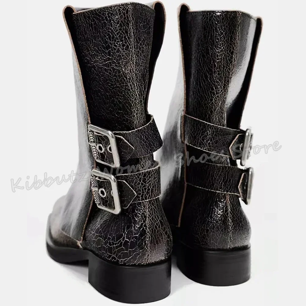 

Ankle Boots Vintage Turned-Over Edge Belt Buckle Genuine Leather Round Toe Chunky Heels Slip-On Fashion Luxury Sexy Women Shoes