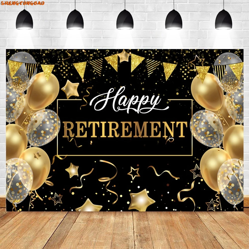 Happy Retirement Party Decoration Backdrop Gold Glitter Balloon Cheers Family Congratulation Photography Background Photo Studio