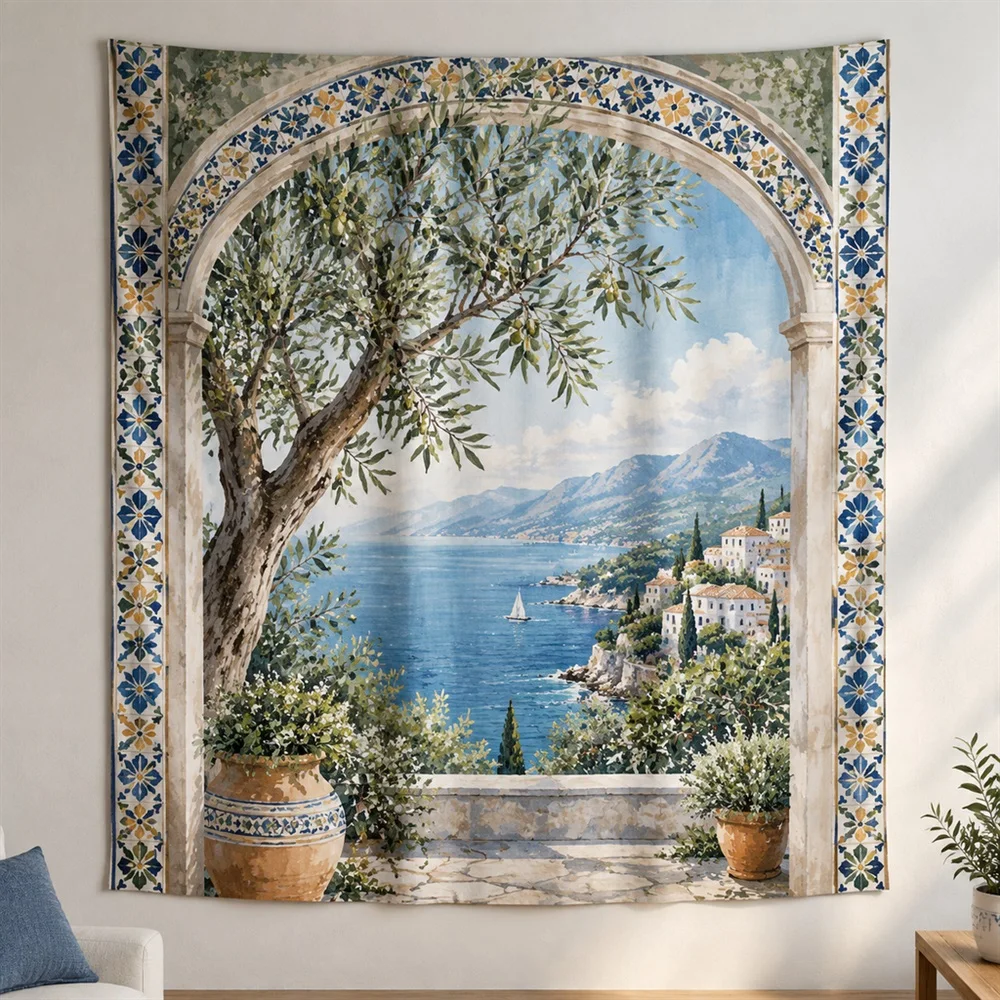 VIKAMA Olive Tree Grove Framed Panel Tapestry Wall Hanging, Mediterranean Wall Decor Tapestries for Nursery Kids Room Bedroom