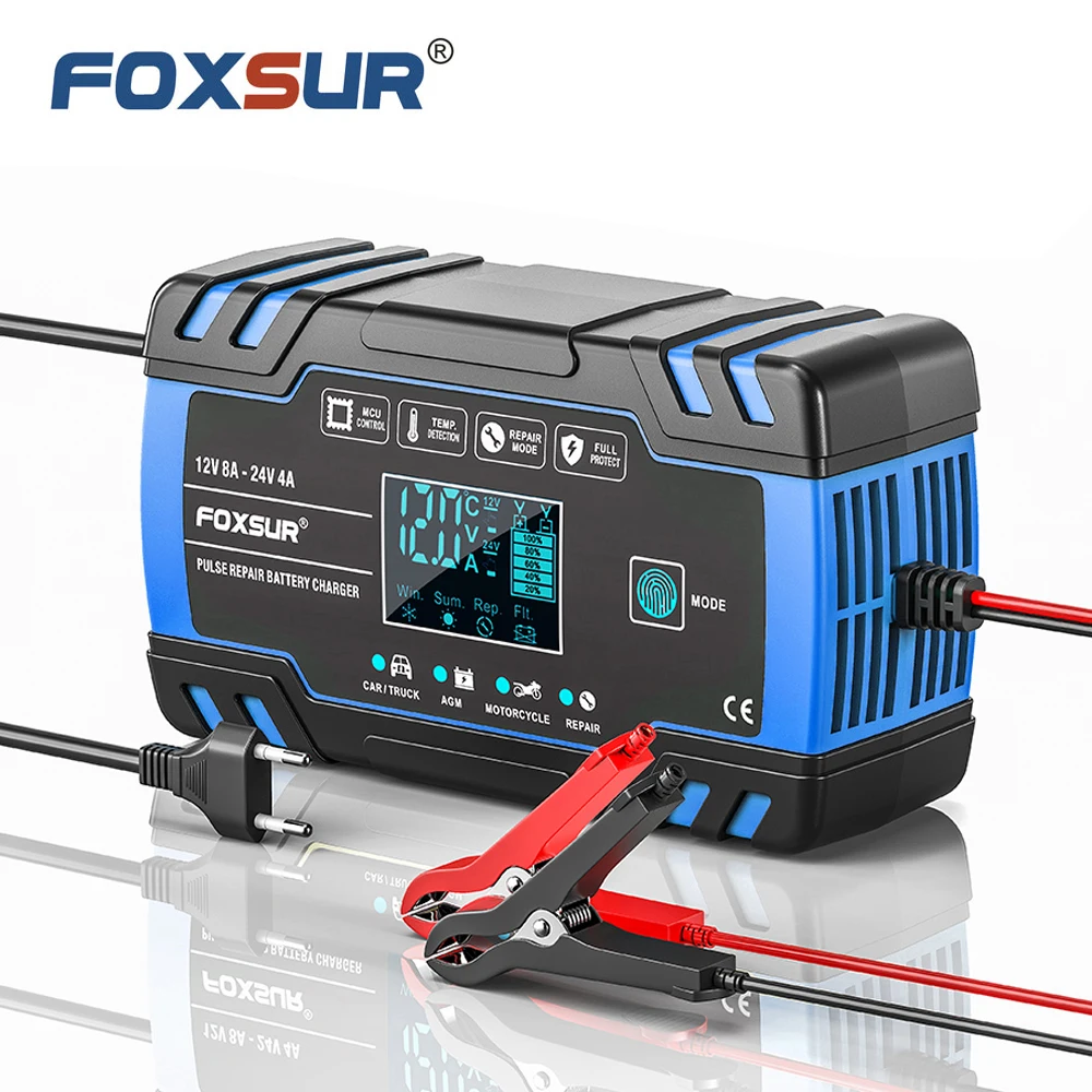 FOXSUR 자동차 배터리 충전기 12V 8A 24V 4A 터치 스크린 펄스 수리 LCD 빠른 전원 충전 습식 건식 납 산성 디지털 LCD 디스플레이