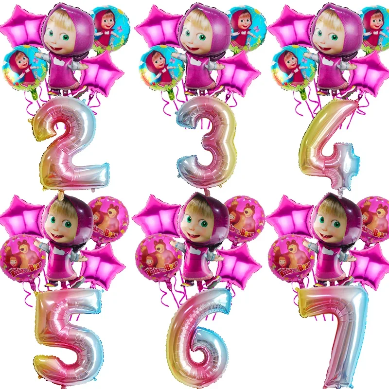 Mashas and The Bear Numbers Birthday Balloons Children Party Supplies Decoration Baby Shower Foil Balloon Anime Cartoon Ballon