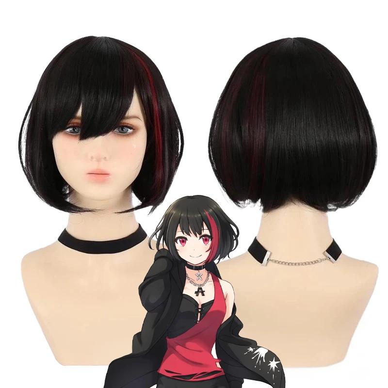 

Anime BanG Dream! Ran Mitake Cosplay Wig Short Black Bob With Red Streaks Heat Resistant Synthetic Hair For Women Daily Party