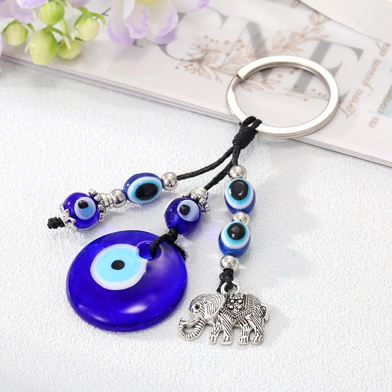 Round Blue Evil Eye Elephant Keychain Keyring For Men Women Trendy Vintage Glass Turkish Lucky Eye Tassel Bag Car Key Jewelry