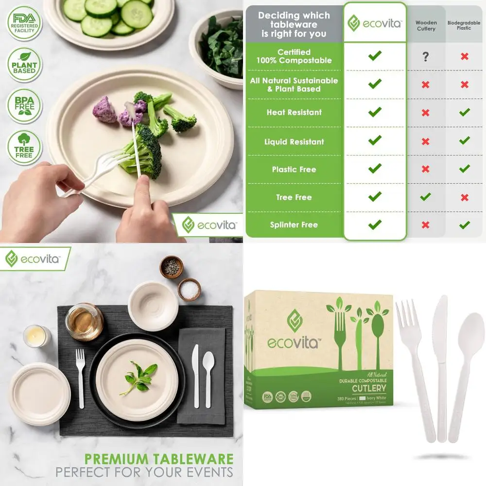 

Eco-Friendly 380-Piece Compostable Cutlery Set: Large Disposable Forks, Spoons, Knives with Heat Resistance