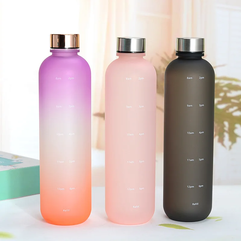 1L Water Bottle With Time Marker 32 OZ Motivational Reusable Fitness Sports Outdoors Travel Leakproof BPA Free Frosted Plastic