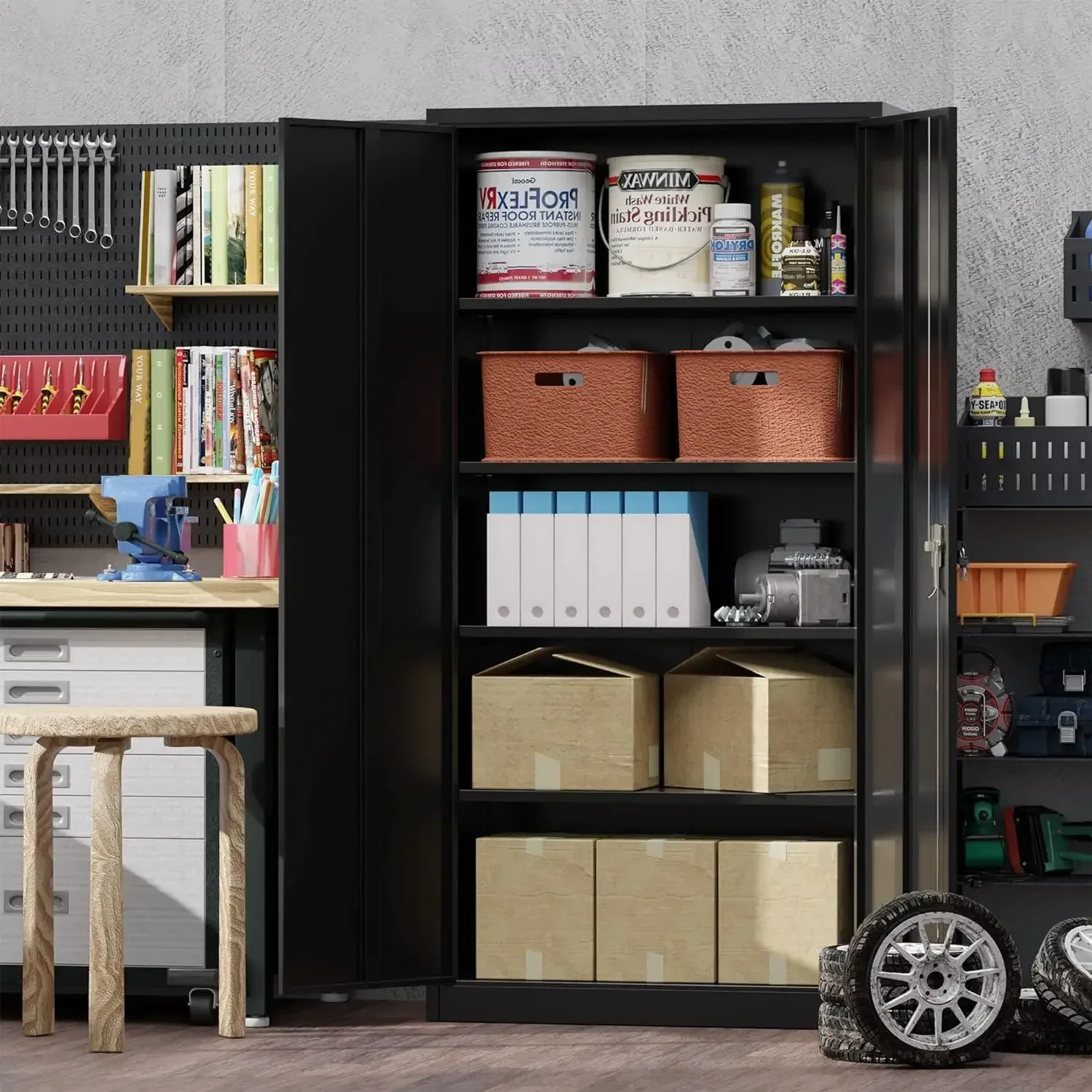 Garage Storage Cabinet with 2 Lockable Doors, 5 Adjustable Shelves Metal Storage Cabinet, Kitchen Pantry Storage Cabinet, Black image 2
