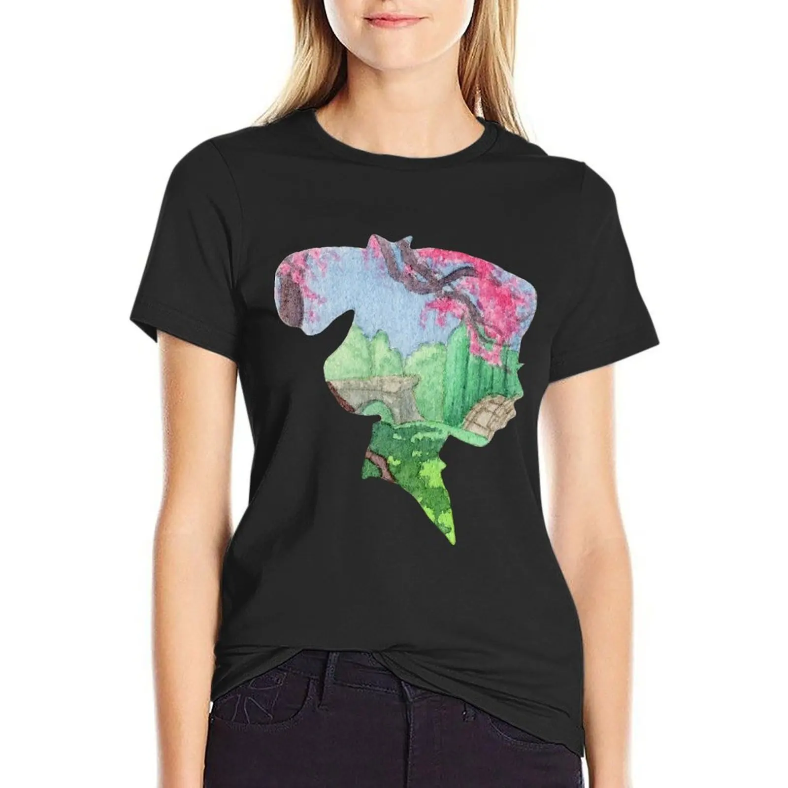 

Watercolor Silhouette Mulan Garden T-Shirt quick drying graphics hippie clothes quick-drying cropped t shirts for Women