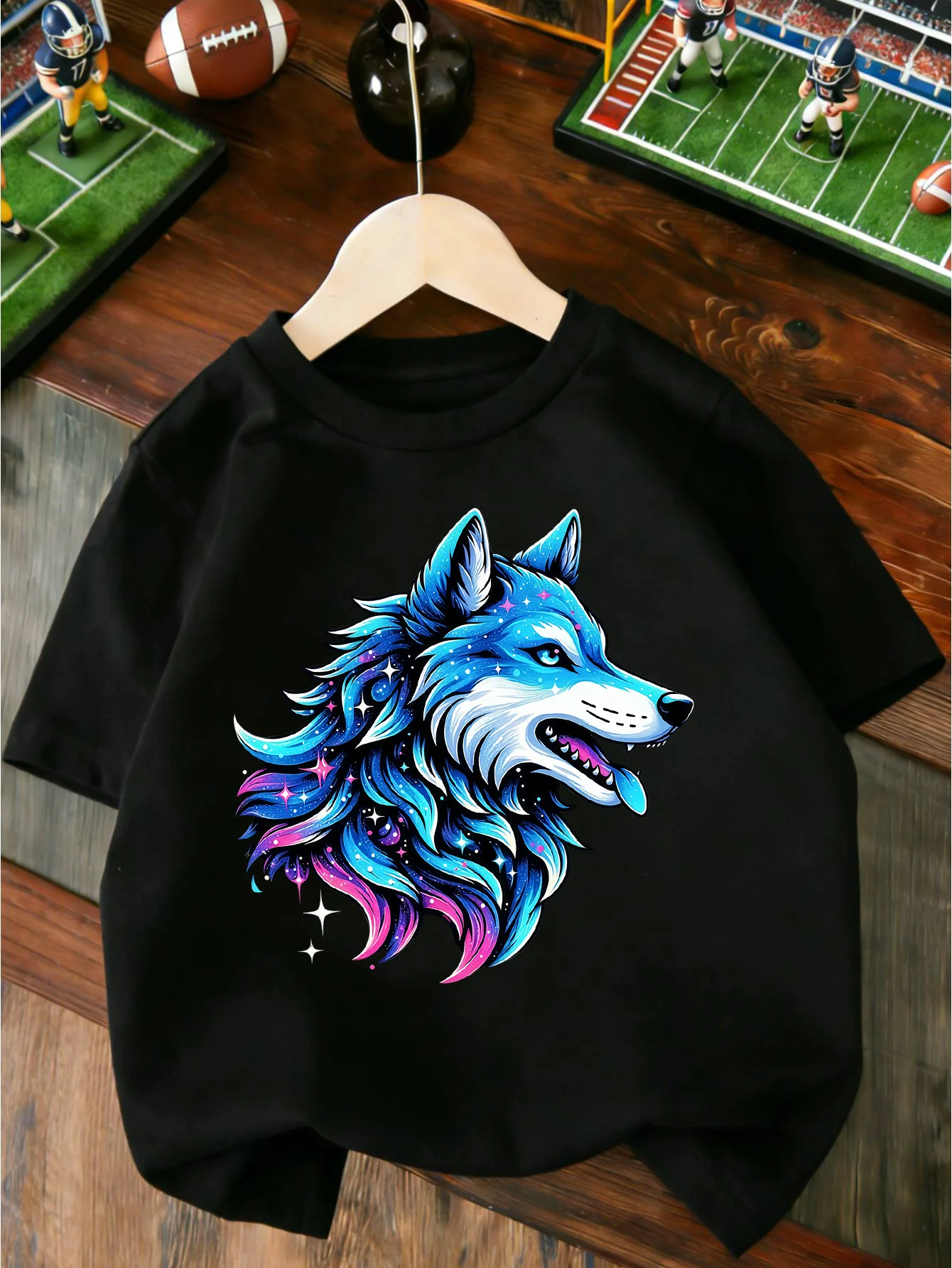 Galaxy Colorful Starry Wolf Head Cartoon Print T Shirt Boys Girls Lovely Short Sleeve Tee Family Matching Kids Cotton Tops