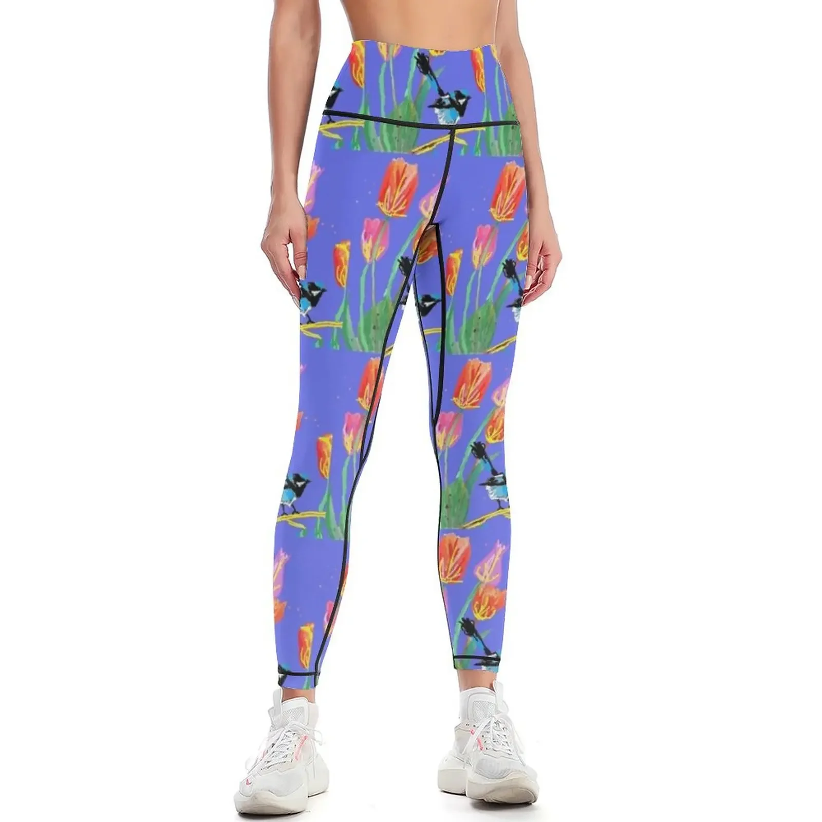 

Abstract Blue Wren and Tulips Painting - on Purple Leggings joggers for Women's sports pants Women's push up Womens Leggings