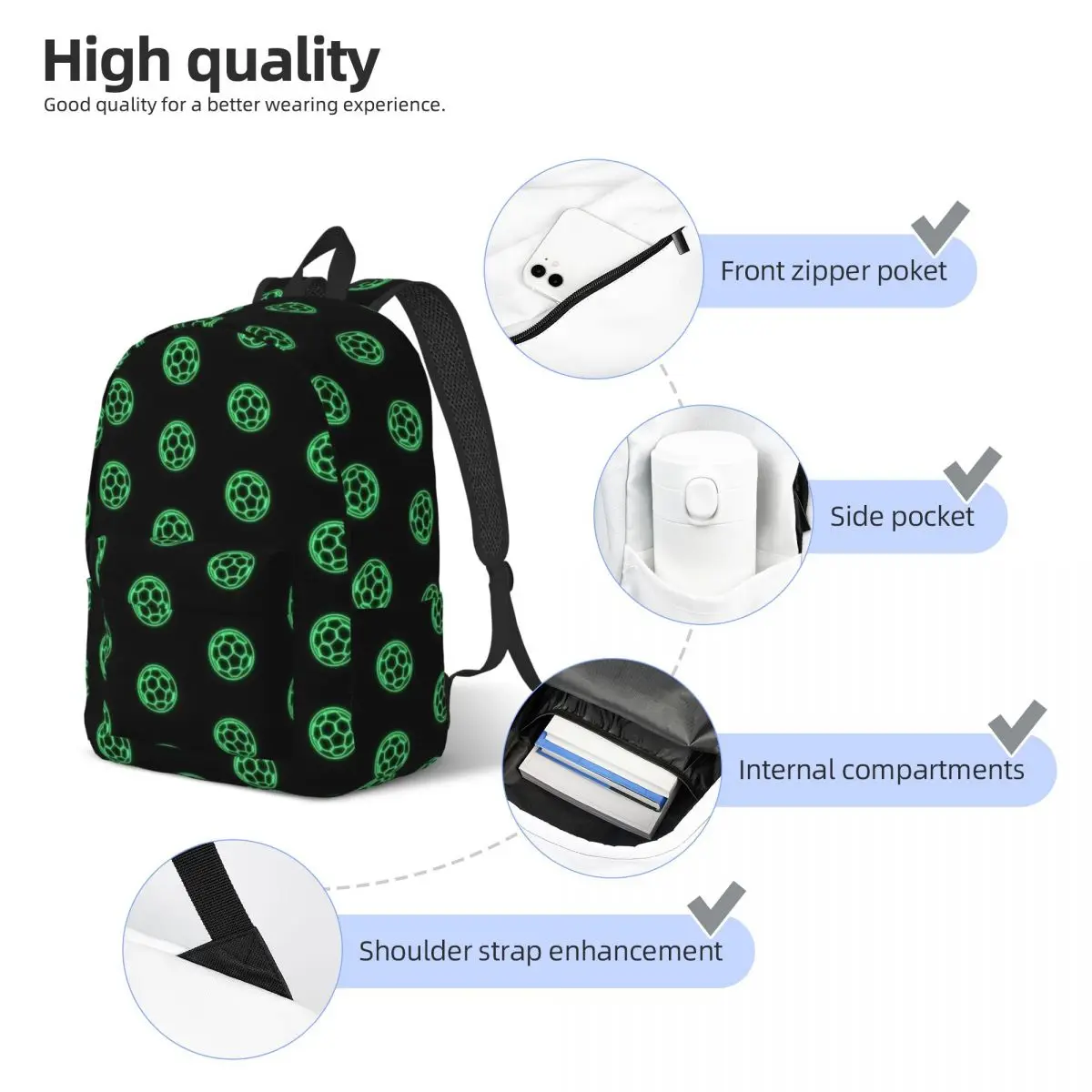 Green Retro Soccer Ball for Teens Student School Bookbag Football Daypack Elementary High College Sports