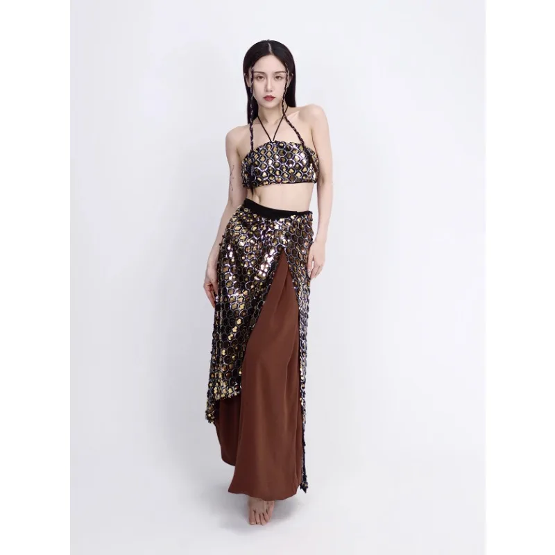 customized belly dance costumes clothes performance suit shiny strapless with chest cushion hip cloth and double layered pants