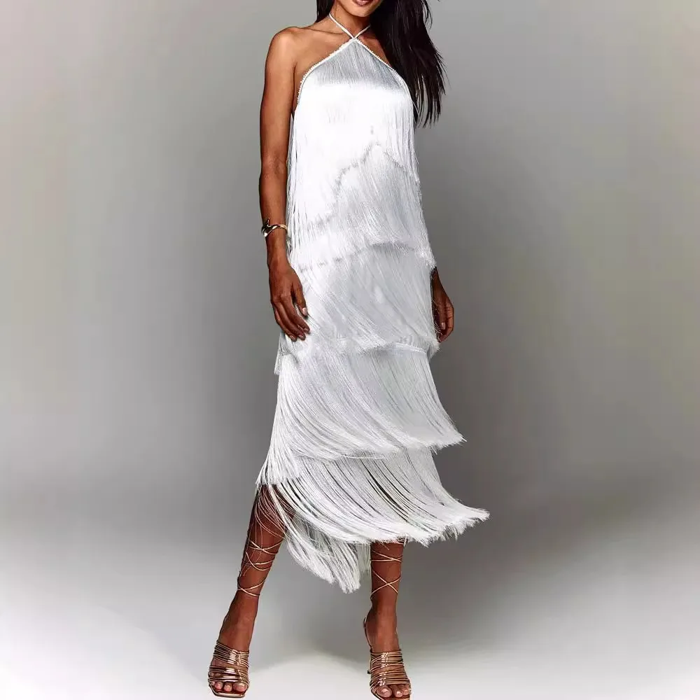 TWOTWINSTYLE Solid Spliced Tassel Dresses for Women Halter Sleeveless High Waist Temperament Dresses Female Fashion New