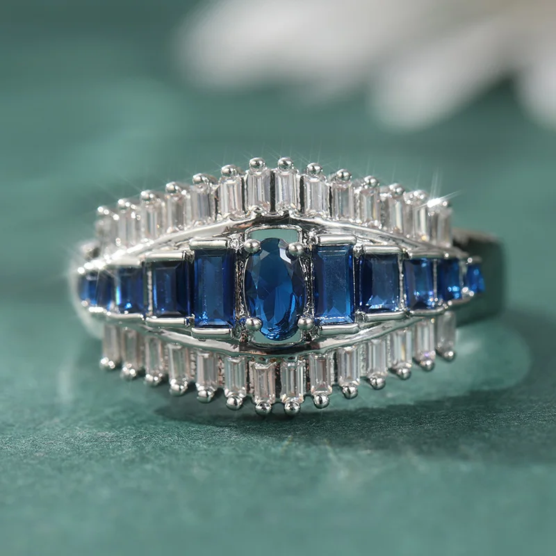 Exquisiter, mit weißen und blauen CZ-Steinen besetzter Damenring, elegante silberne Farbe, geometrisch, für den täglichen Gebrauch, Partyschmuck, Jubiläumsgeschenk – Detail 2