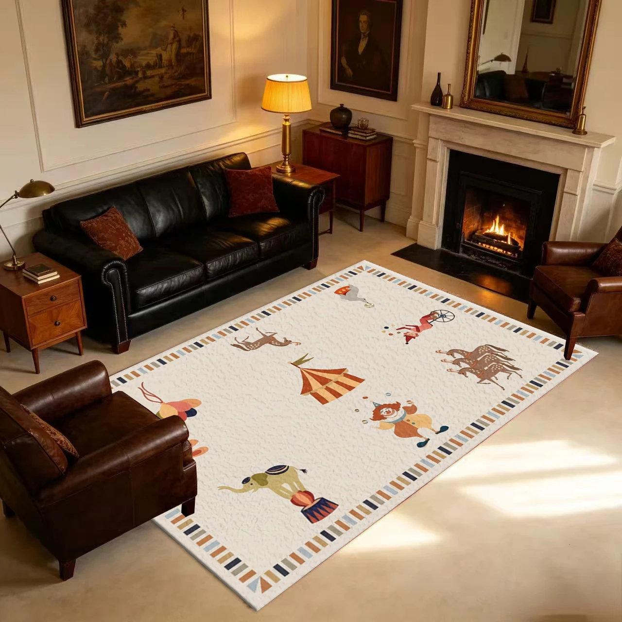 Vintage Circus Clown Animal Tent Kids Rug Non-Slip Play Carpet Suitable for Children's Room Playroom Bedroom Home Decor