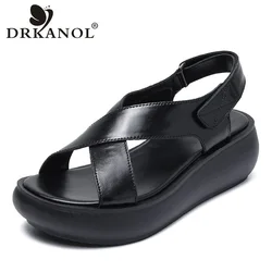 DRKANOL Fashion Women Wedges Heel Sandals Summer Shoes Cross Genuine Leather Open Toe Hook And Loop Chunky Platform Sandals