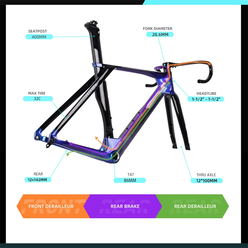 ARES Aero Max 32C Carbon Road Carbon Frame T47 Disc Brake Internal Cable Routing Tideacebike Racing Bicycle Frameset 700C