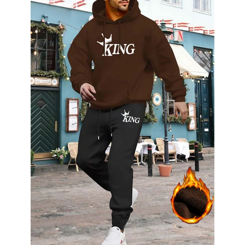 

Unique Trendy Brand CrownKINGNew Men'S Long-Sleeve Hooded Sweatshirt Two-Piece Set With Printed Pattern，Casual Sweatshirt Set