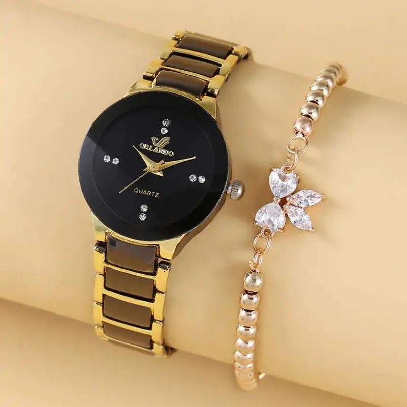 Luxury Brand Stainless Steel Women 2 PCS Quartz Watches and Bracelet Set Golden Women Wrist Watch las mujeres relojes de cuarzo