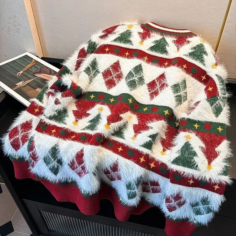 

Christmas Red Kawaii Sweater Women Loose Lazy Unisex Casual Knitted Pullover Fall Winter Thick Warm American Preppy Style Jumper