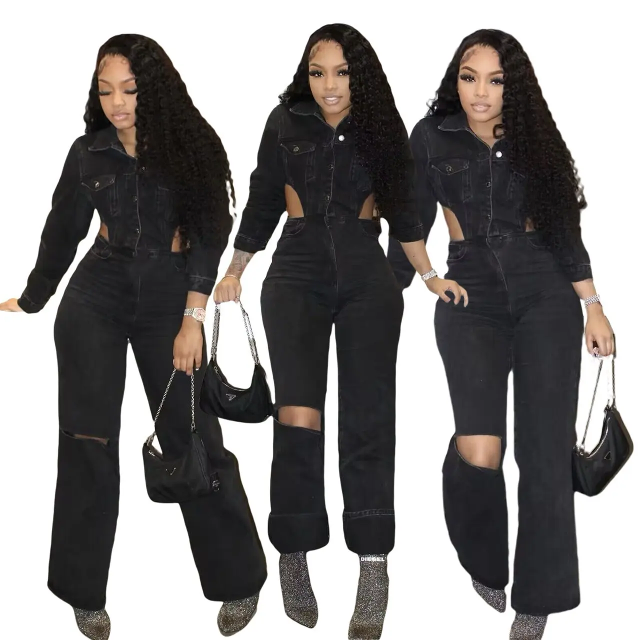 Jumpsuit Denim lurus wanita, Jumpsuit Jeans kaki lebar kasual longgar lengan panjang hitam modis musim gugur untuk perempuan