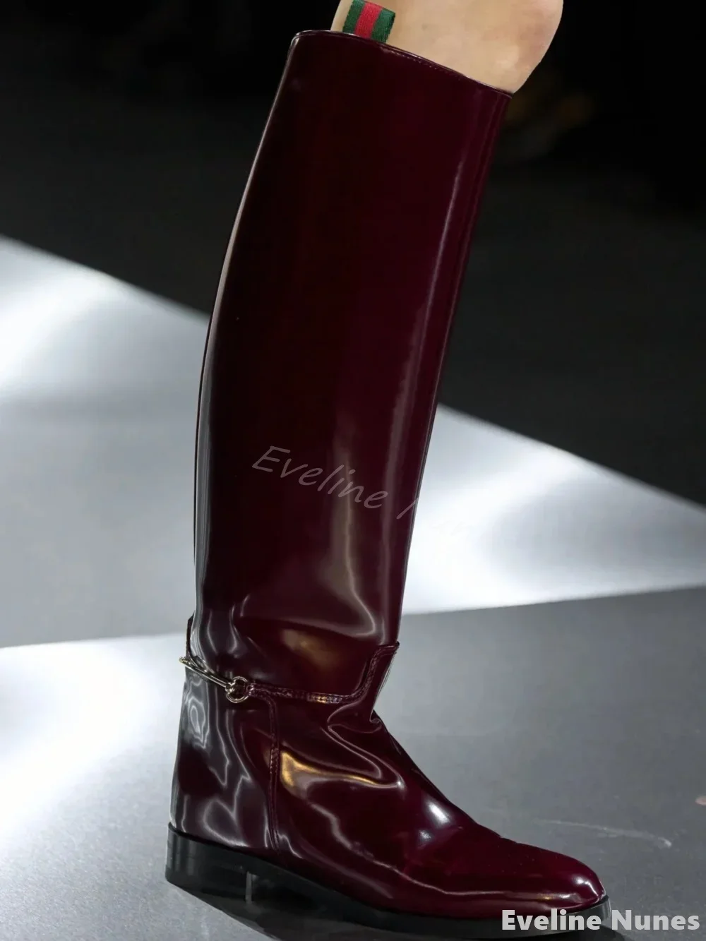 

Patent Leather Metal Buckle Knee Boots Women Round Toe Flat Chunky Heel Slip On Biker Boots 2025 New Fashion Design Long Boots