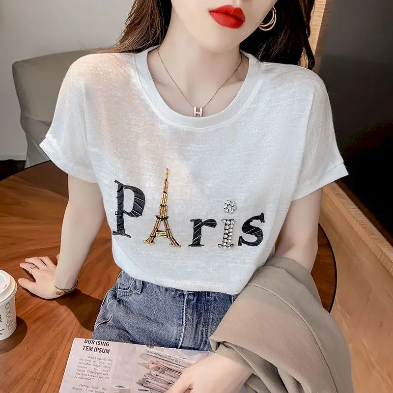 2025 Summer New Ice Silk T-shirt Women's Short Sleeve T-shirt Heavy Industry Beaded Korean T Shirt Loose Womens Half-sleeved Top