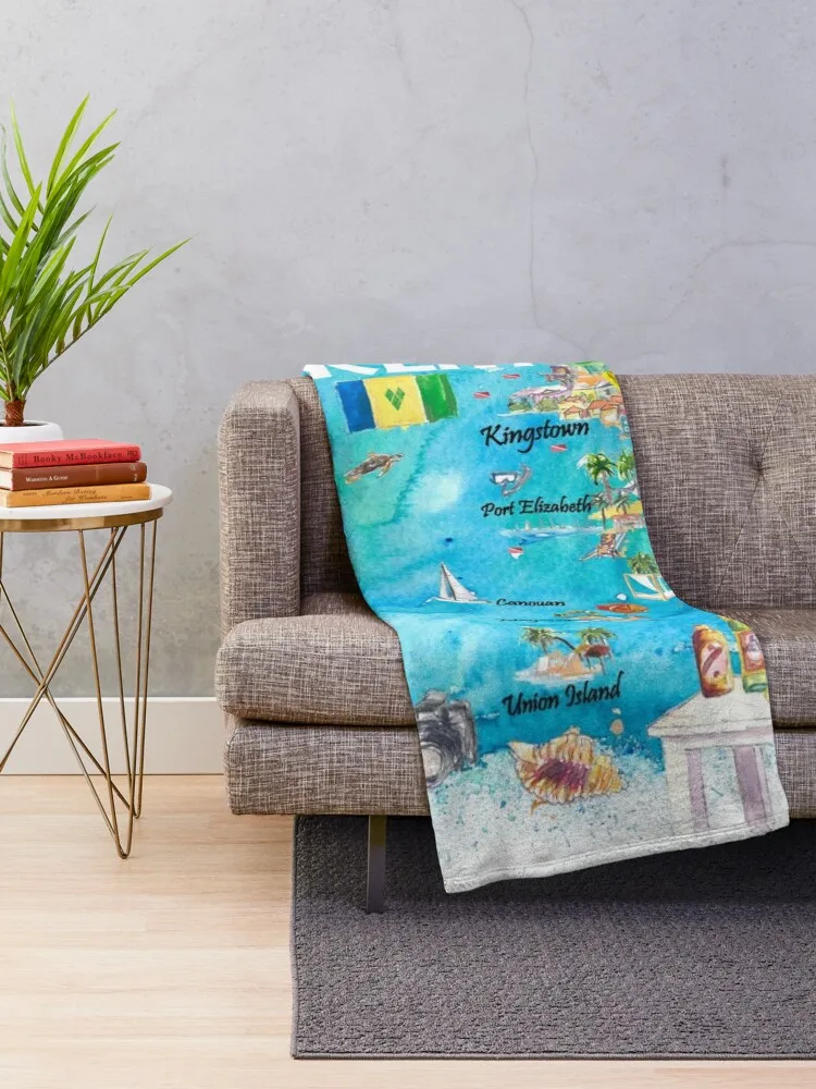 St Vincent Grenadines Antilles Illustrated Travel Map with Roads and Highlights Throw Blanket Sofa Bed Soft Blankets