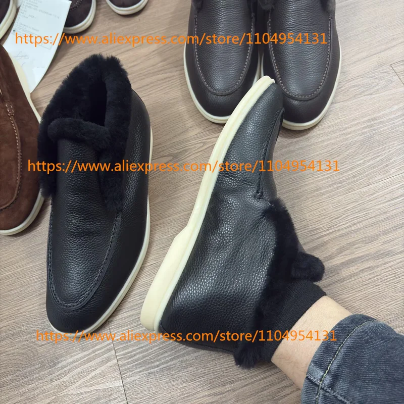 

black cowhide unisex cold-proof Winter high top casual women's shoes wool snow boots sheepskin men's boots Women's ankle boots