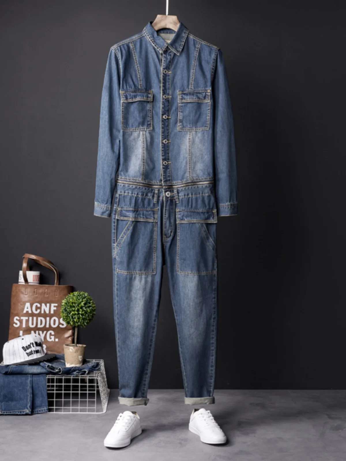 

Retro Workwear Denim Zipper Detachable Overalls Men's Faion Korean Sle Youth Slim Fit Casual Jeans Suit Youth Trendy