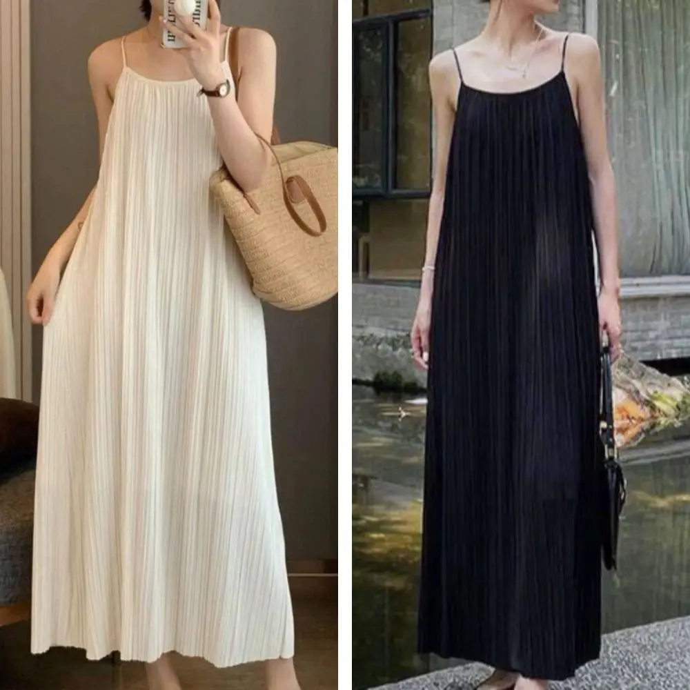 

Simple A-line Loose Sling Dress Solid Color Round Neck Sleeveless Long Dress Beachwear Beach Vacation Sundress Gift for Girls